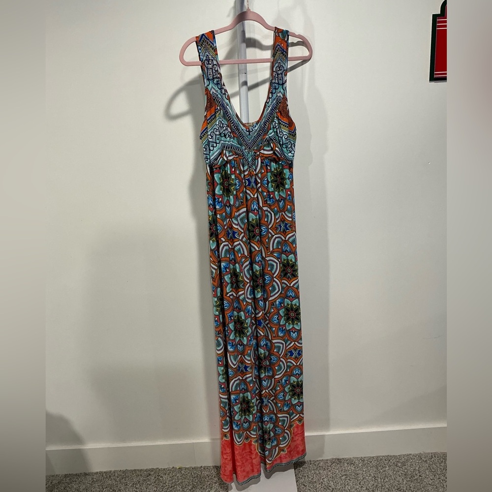 🍒 ONE WORLD Vibrant Blue and Orange Maxi Dress